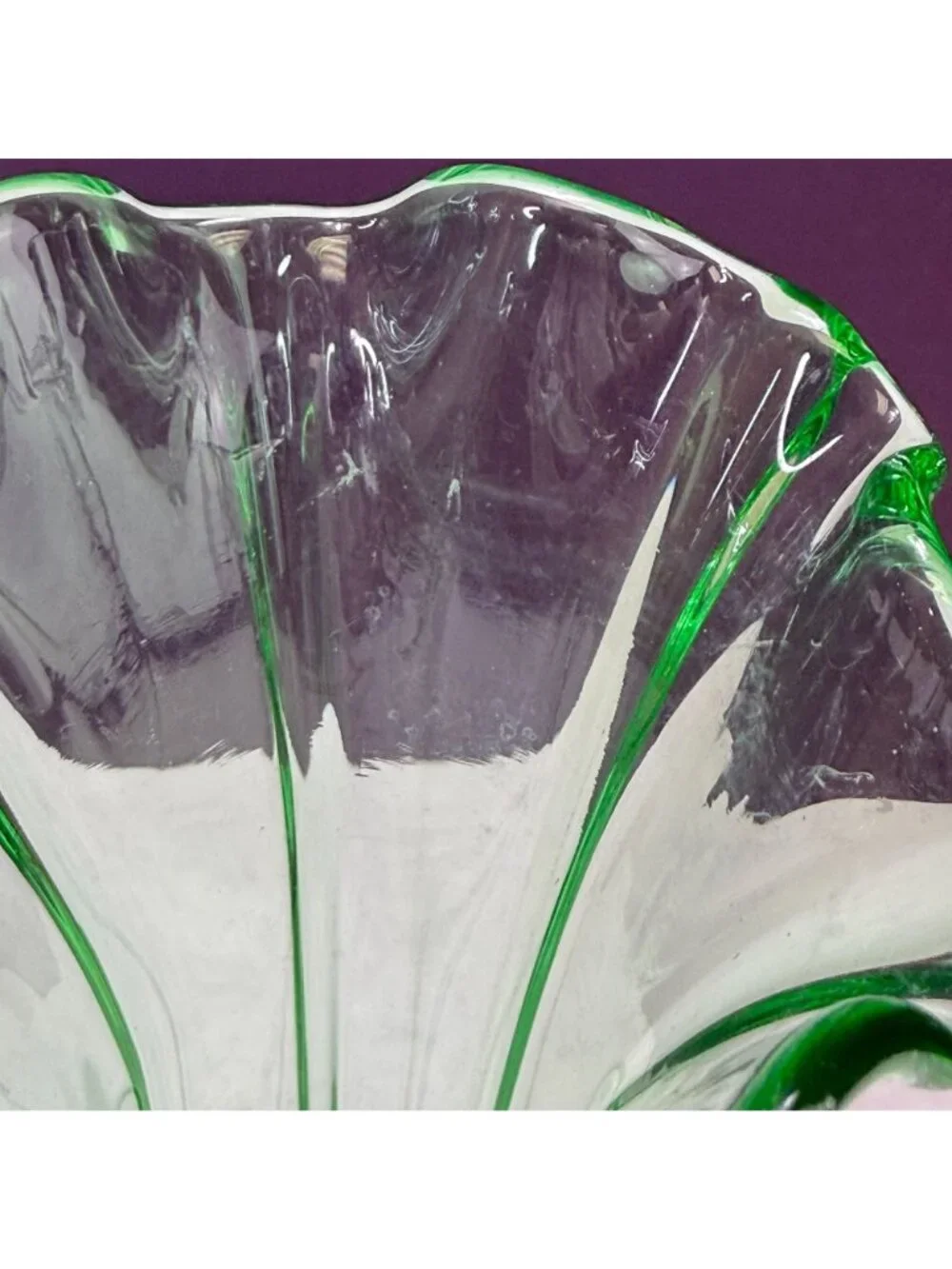Vintage Uranium Green Glow Glass Ruffle Top Ribbed Vase 10 Inch